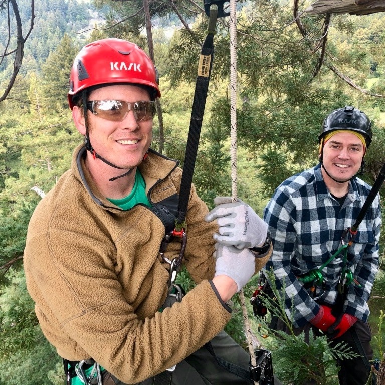 Dustin and Tim Kovar in a redwood tree